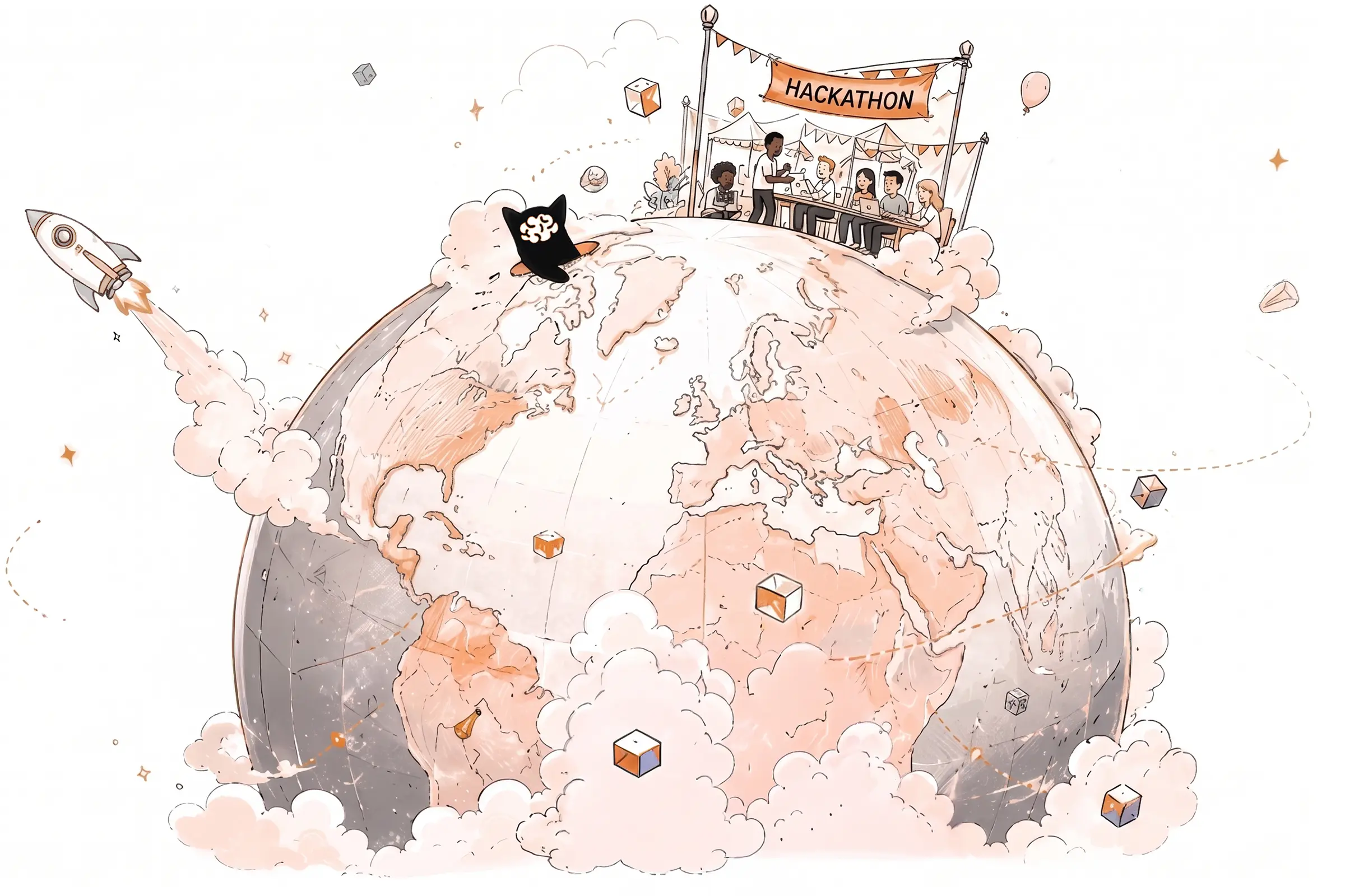 An illustrated globe with a hackathon scene on top, surrounded by floating topic cards for AI, Web3, biotech, space exploration, and quantum computing.
