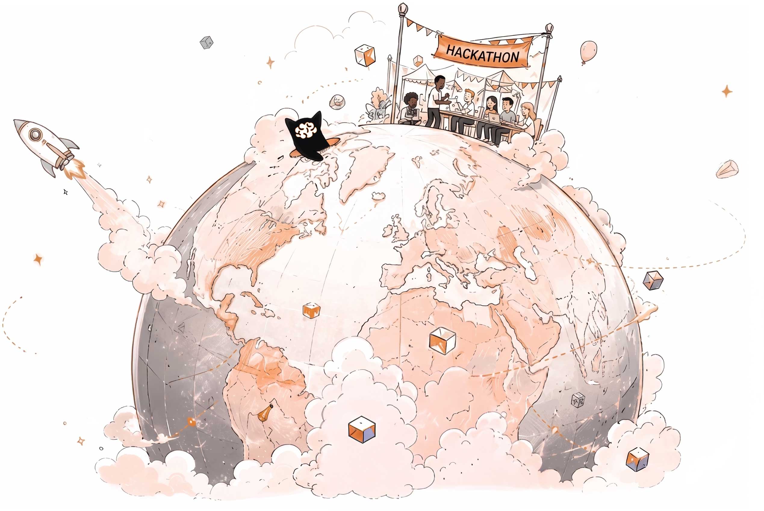 An illustrated globe with a hackathon scene on top, surrounded by floating topic cards for AI, Web3, biotech, space exploration, and quantum computing.