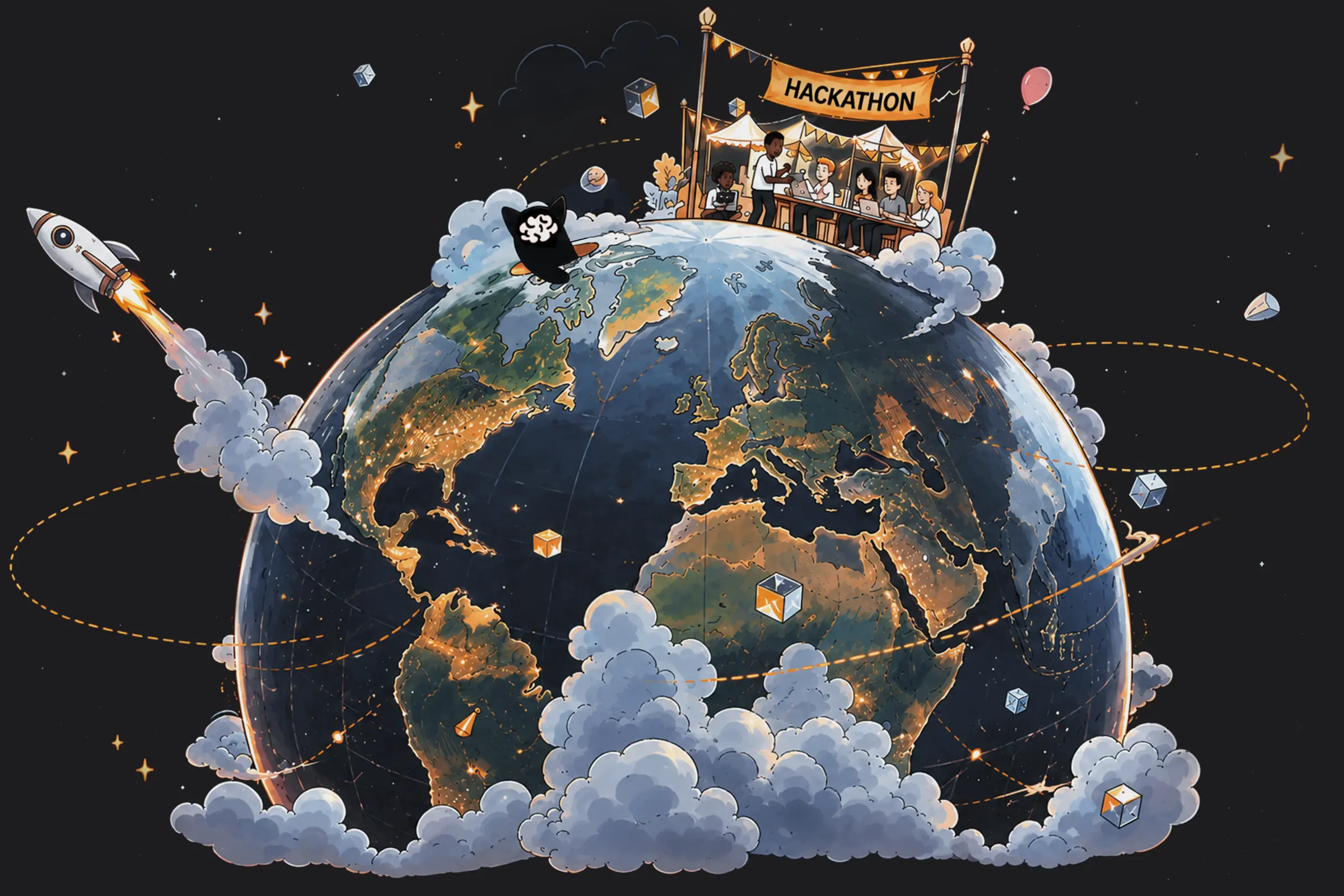 An illustrated globe with a hackathon scene on top, surrounded by floating topic cards for AI, Web3, biotech, space exploration, and quantum computing.